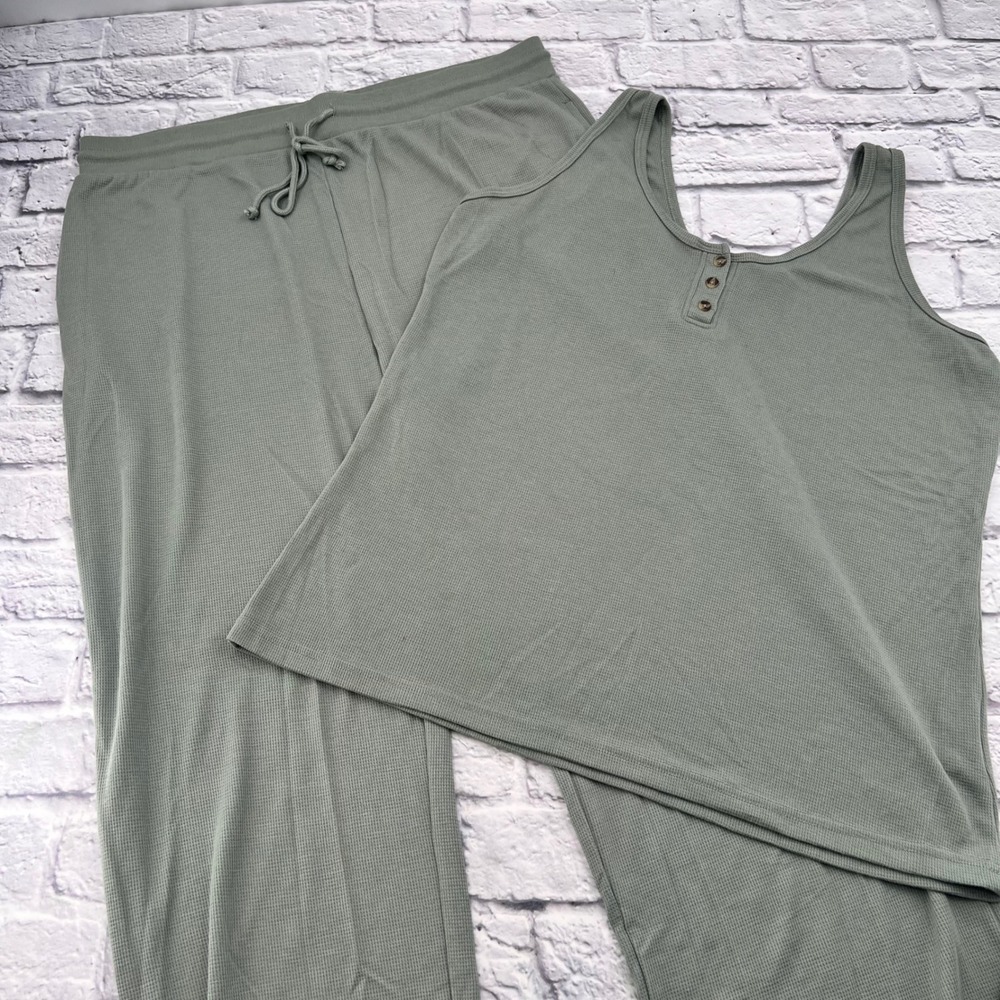 American Tall Womens 2XL T Sage Green Waffle Knit 2 Piece Lounge Set Tank Pants